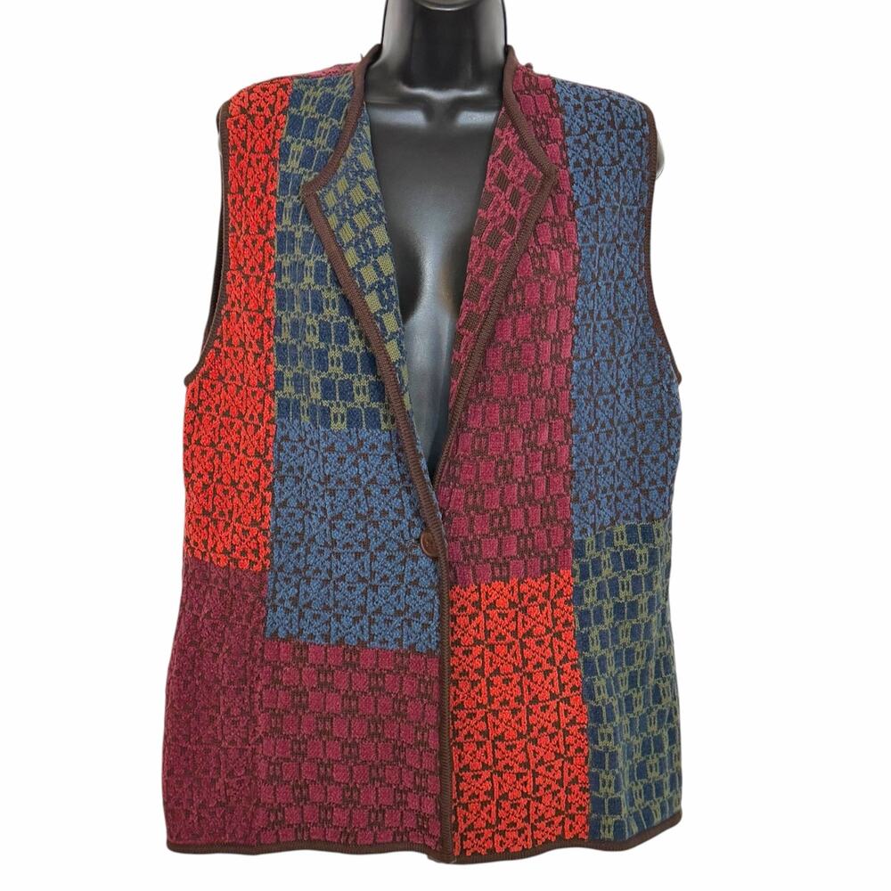NOS Vtg 90s Norm Thompson Patchwork Knit Vest Geometric Sweater Earth Tone XL